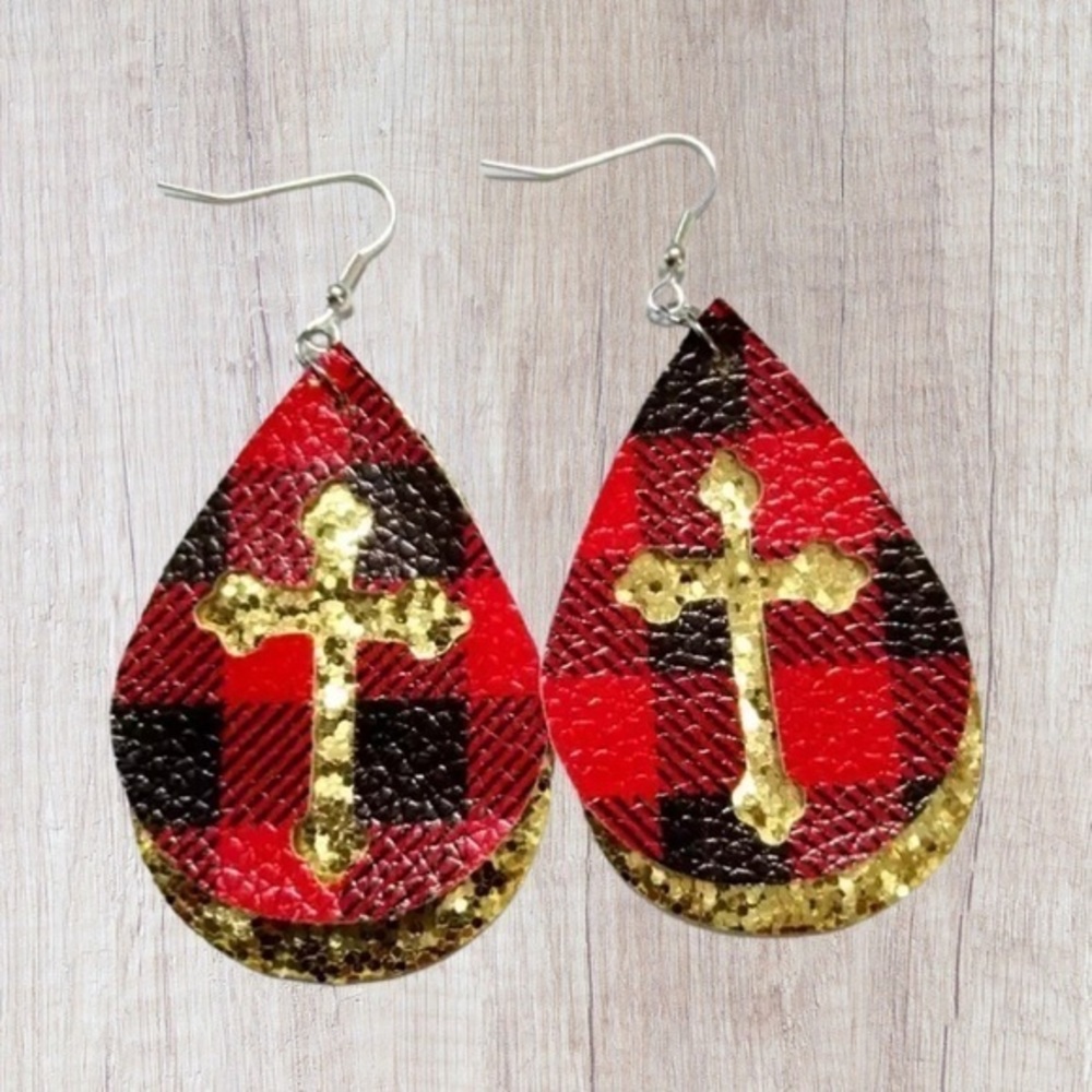 Buffalo Plaid Cross Leather Earrings